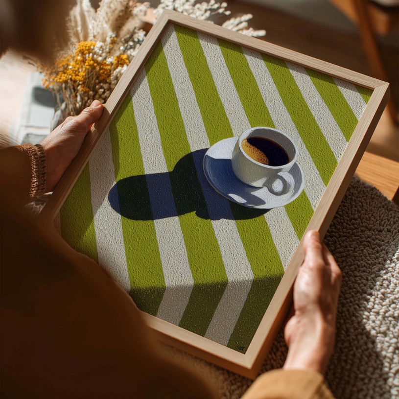 Modern art print of a cup of tea on green striped background in graphic style.