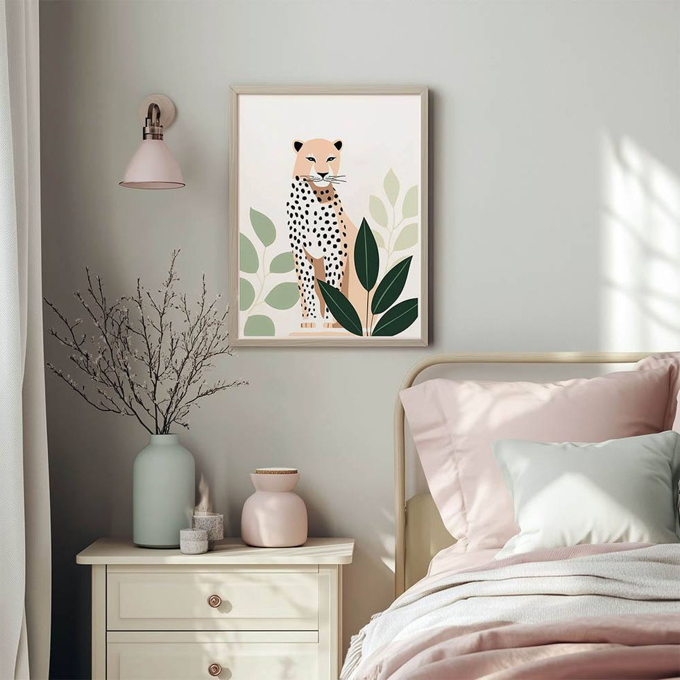 Stylish animal print featuring a sleek leopard with modern botanical elements — bold yet calming wall art.