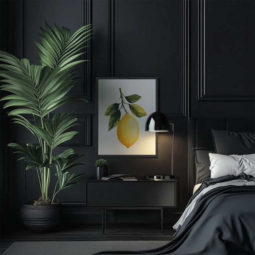 Illustration of a yellow lemon hanging from a branch with green leaves on a white background.