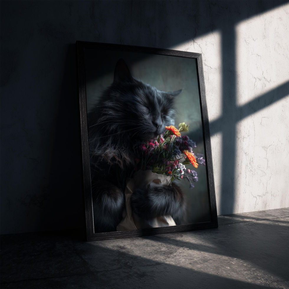 Black cat holding a bouquet of colorful flowers against a dark background art print.