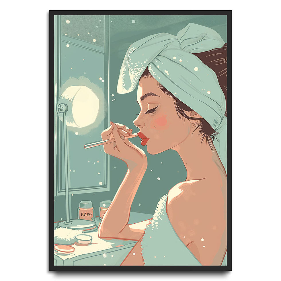 Illustration of a woman in a towel applying lipstick in front of a mirror