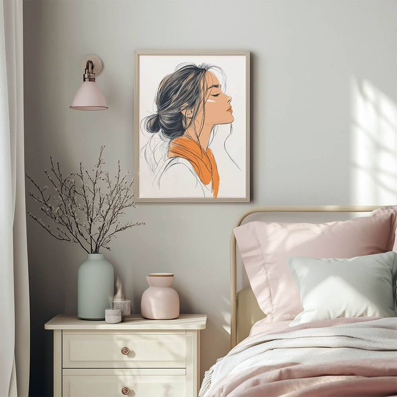 Side profile illustration of a woman with braided hair wearing an orange scarf in a minimal, modern style.