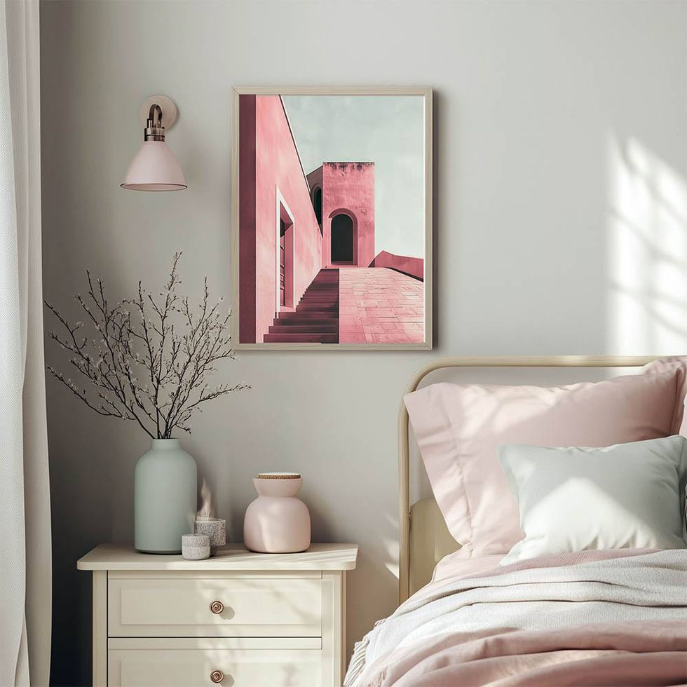 Geometric pink stone architecture with sharp lines, stairs, and arches under a pale sky – minimalist modern art print.