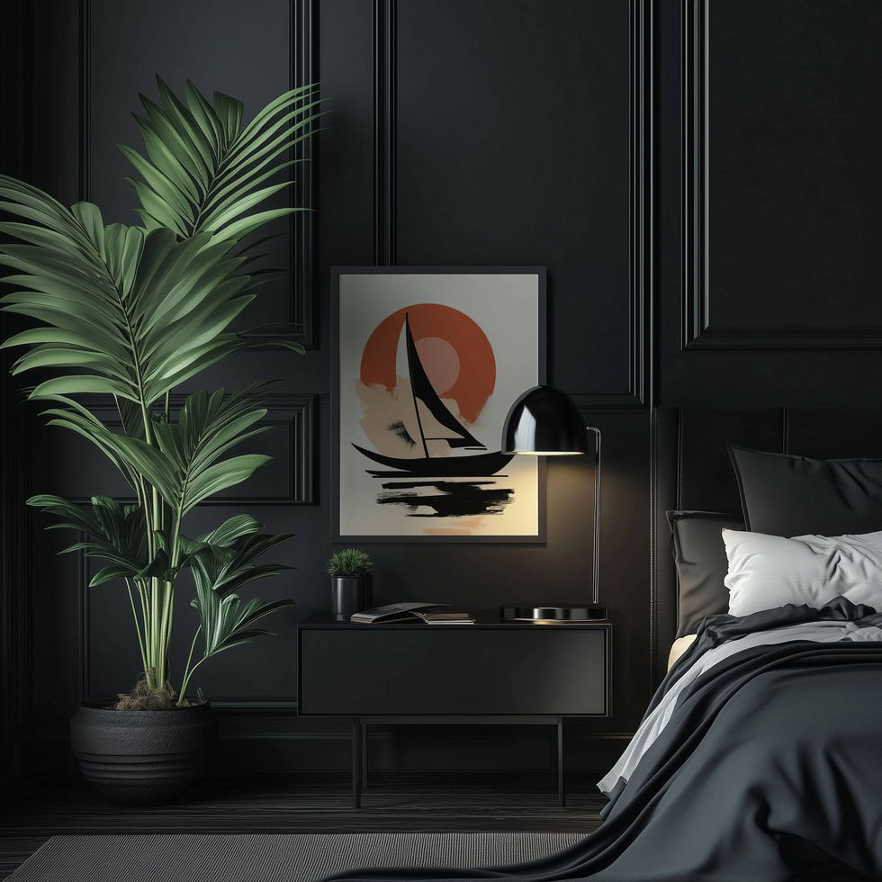 Abstract sailboat silhouette with red sun and reflection in minimalist coastal art.