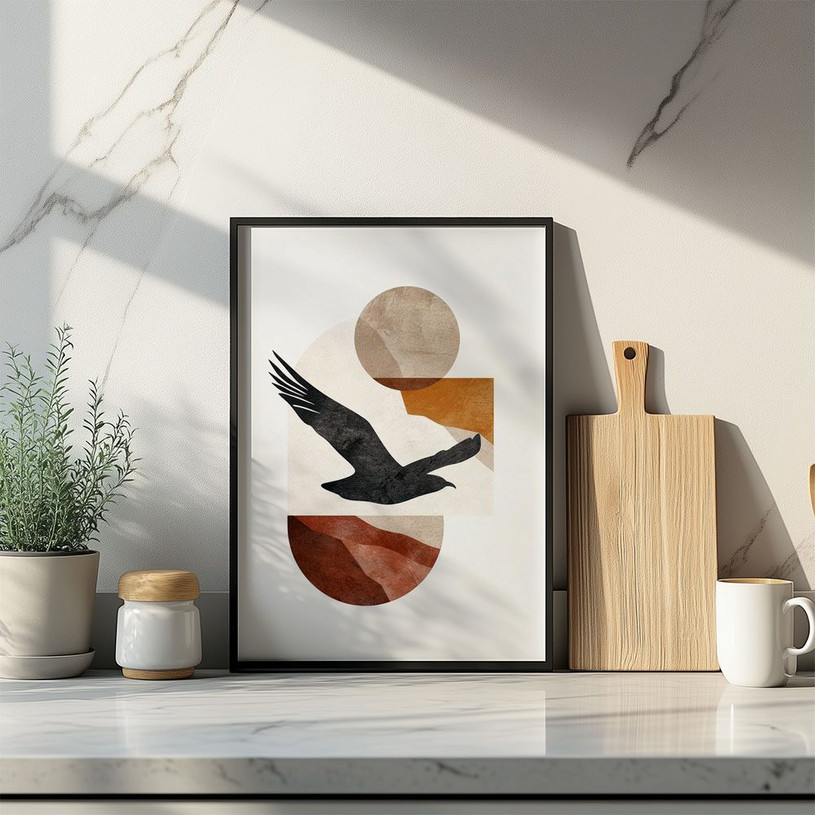 Abstract eagle silhouette flying across geometric shapes in brown and beige tones on a white background.