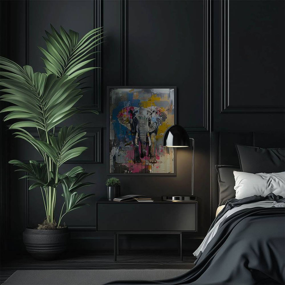 Colourful abstract painting of an elephant with bold splashes of pink, yellow, blue, and grey.