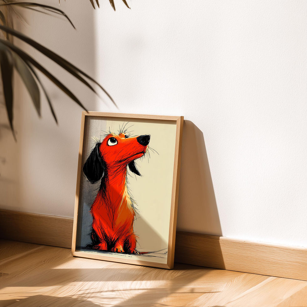 Illustrated dachshund art print with vibrant red-orange colouring and sketch-style details.