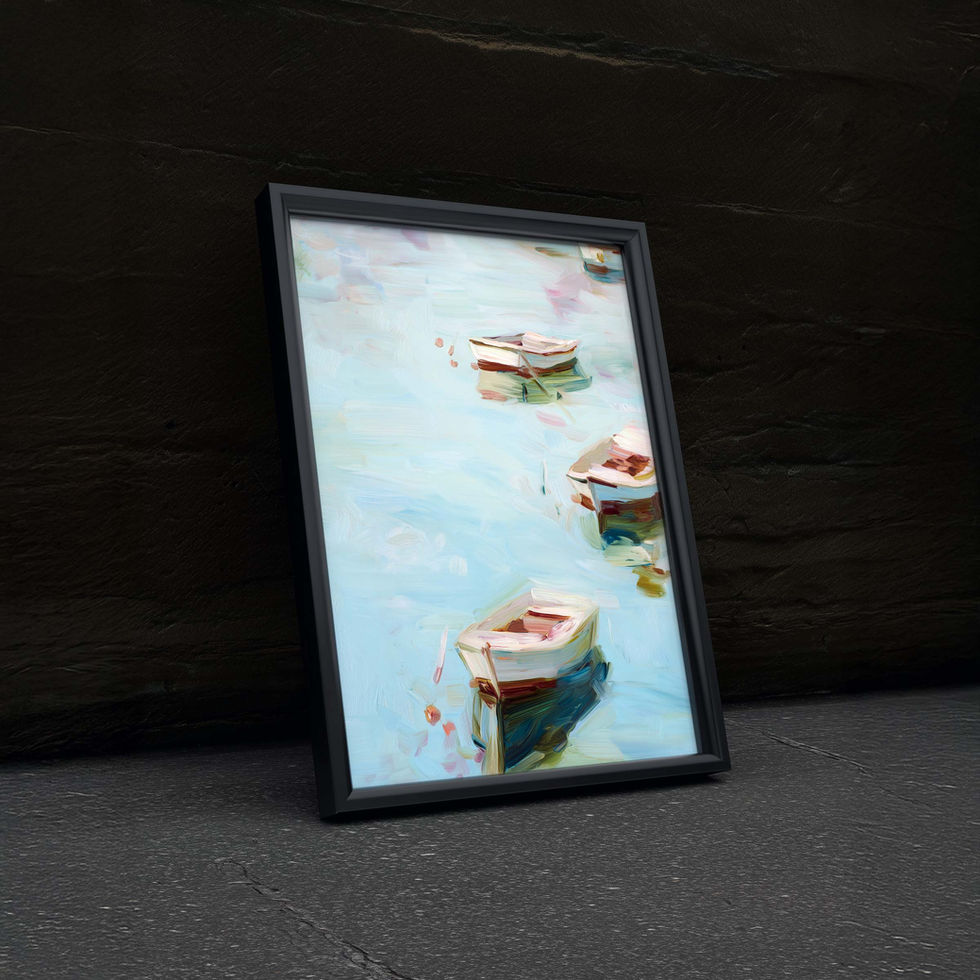 Watercolour art print of three small boats floating on soft blue water.