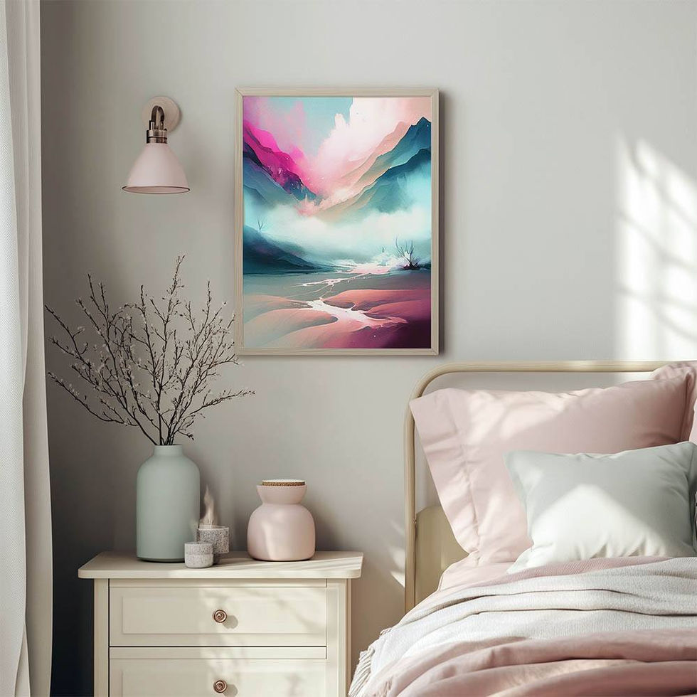 Misty mountain valley with vibrant pink skies and a flowing river – dreamy and colourful landscape art print.
