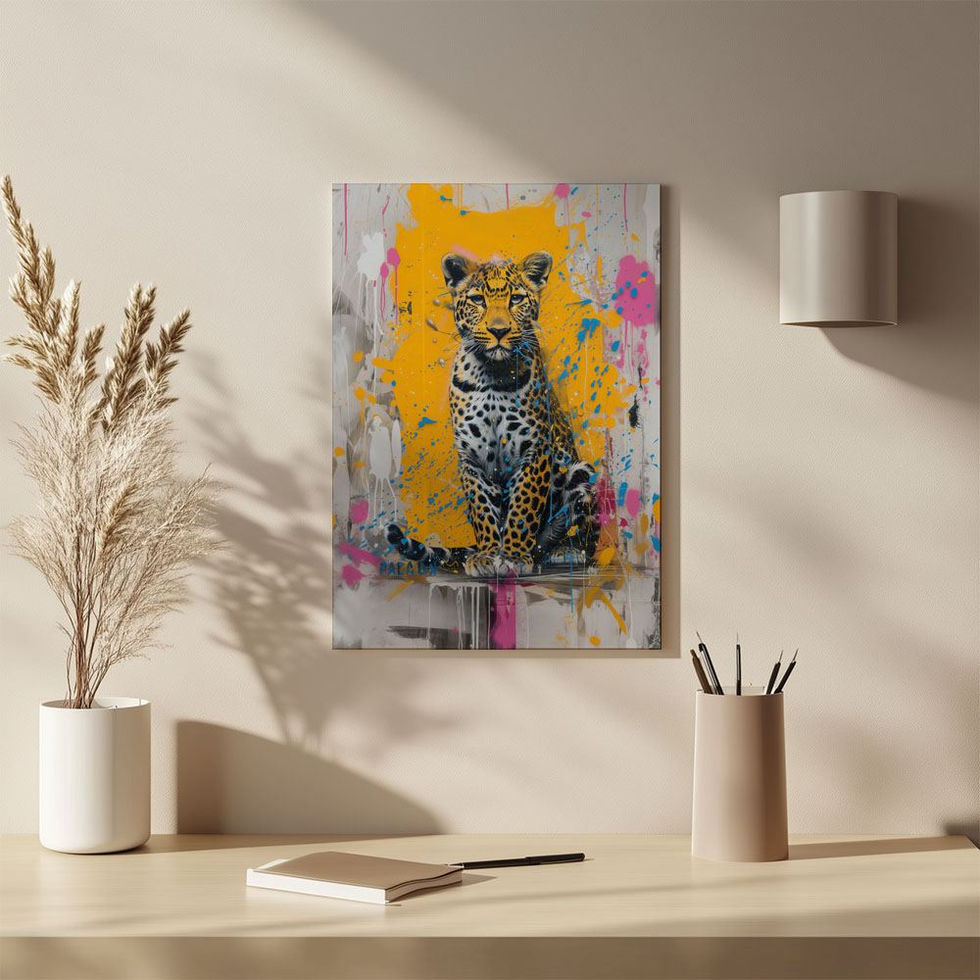 Leopard sitting in front of a bright yellow and pink paint-splattered background – vibrant and edgy street art-inspired print