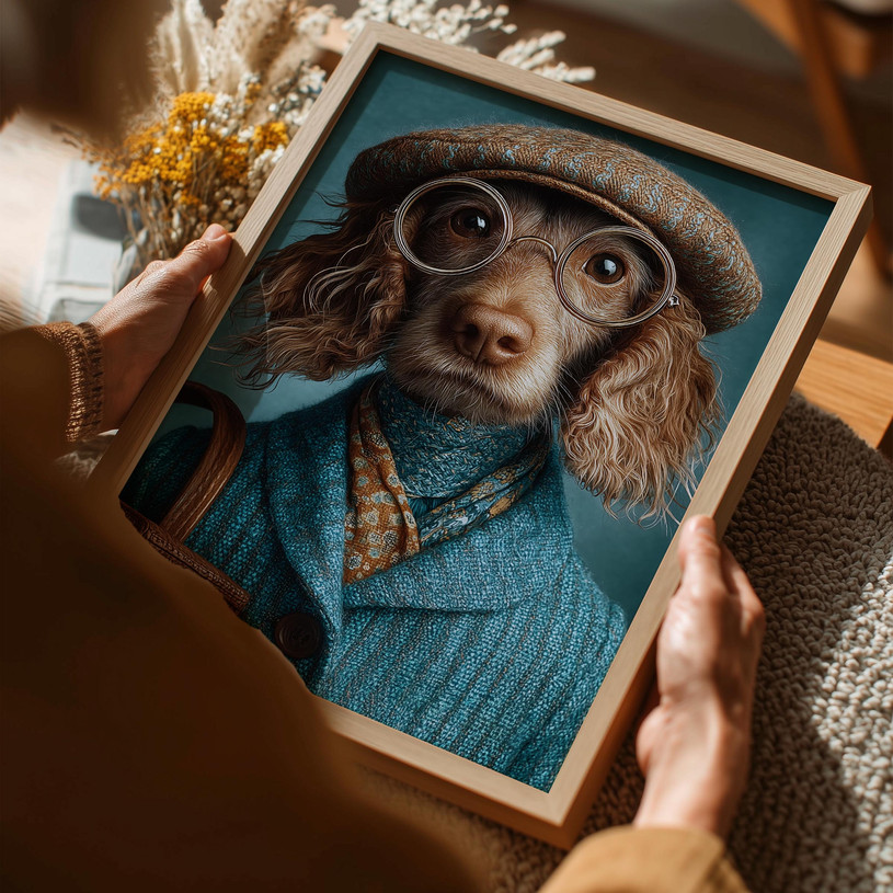 Stylish dog wearing round glasses, tweed cap, and blue jacket in a whimsical art print.