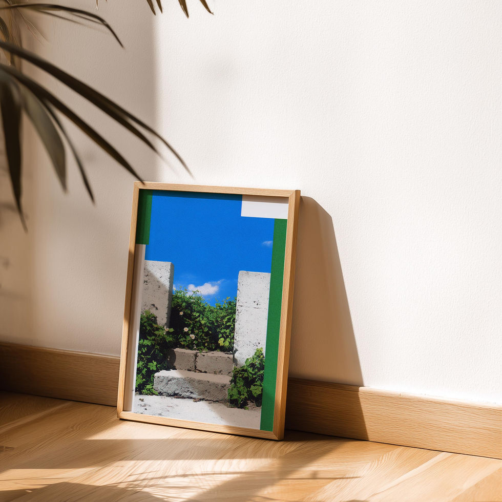 Art print of stone steps with green foliage and white flowers against a vivid blue summer sky.
