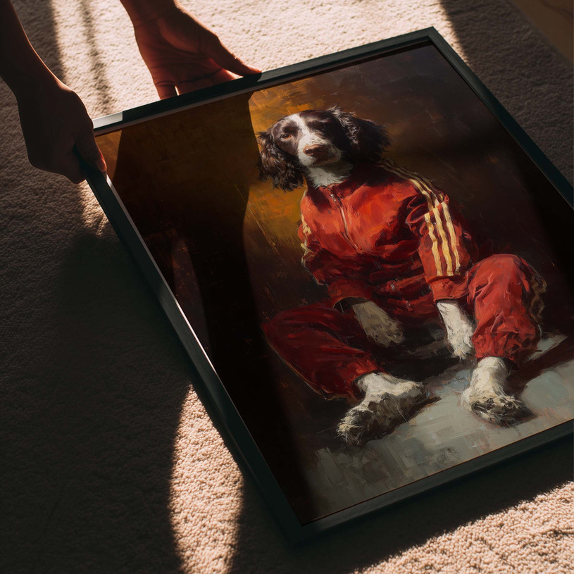 Dog wearing a red tracksuit in a dramatic oil painting style portrait
