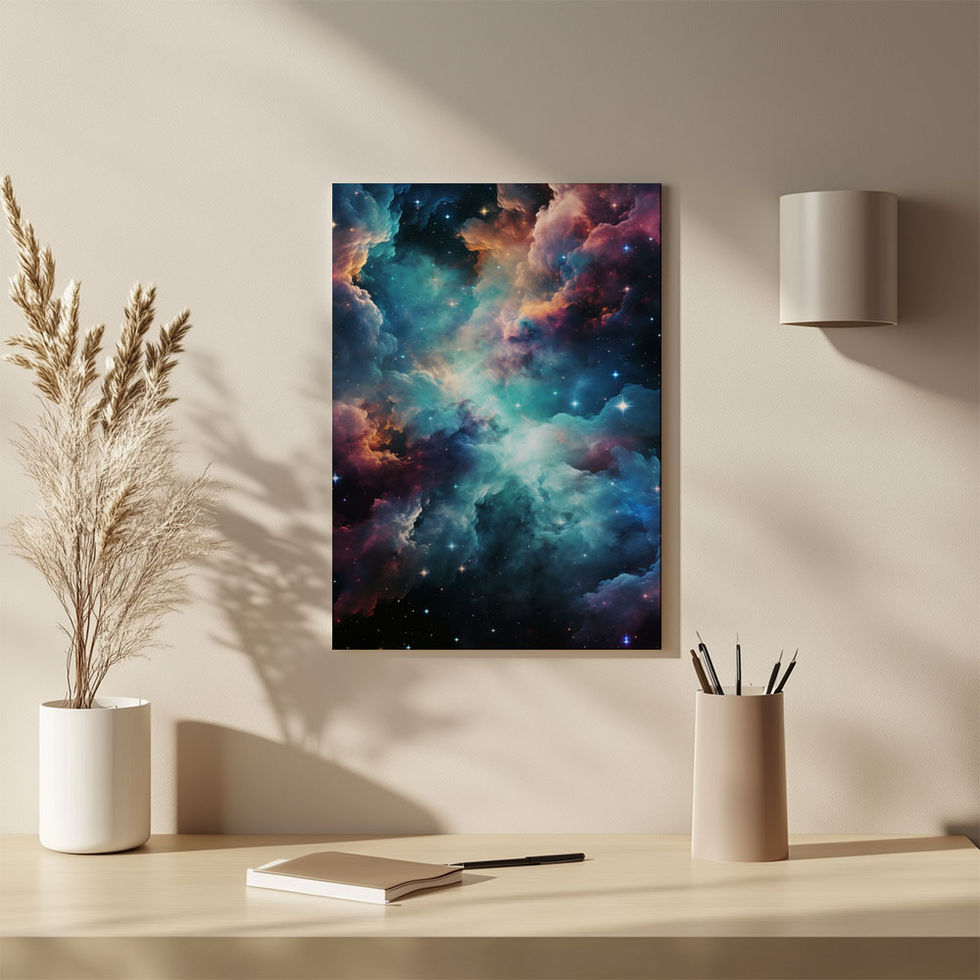 Colourful galaxy nebula with teal, purple, and pink clouds and stars in deep space.