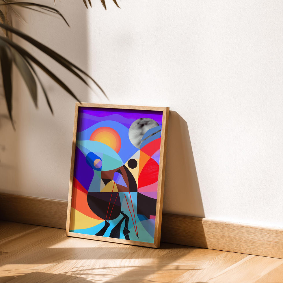 Colourful abstract geometric art print featuring bold shapes, flowing lines, and a vibrant sunset.