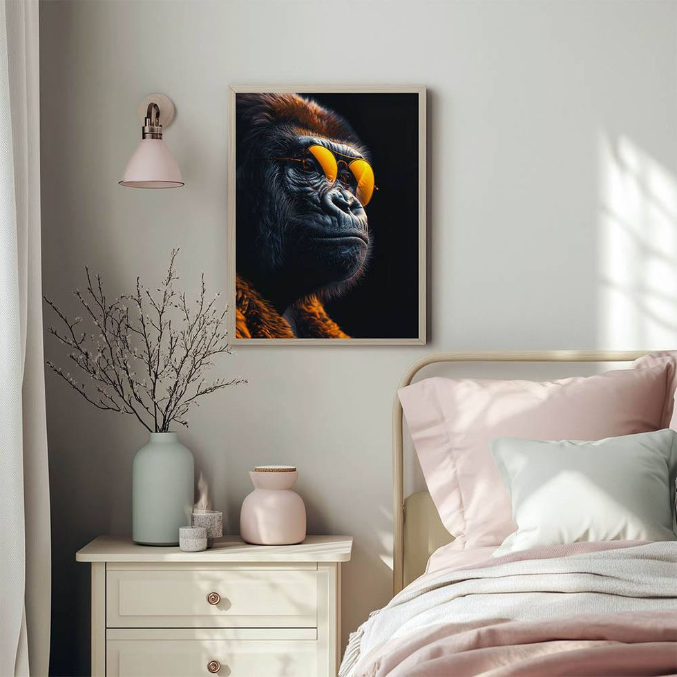 Humorous and stylish gorilla artwork featuring quirky banana shades — bold and unique animal print.