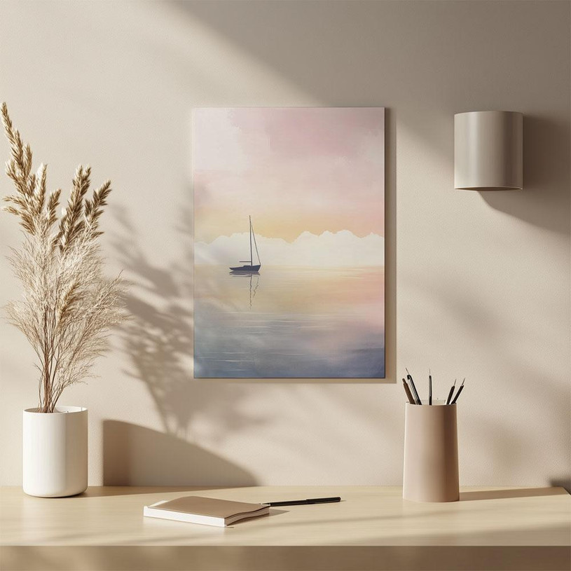 Minimalist pastel artwork of a sailboat floating on calm water beneath a soft sunset sky.
