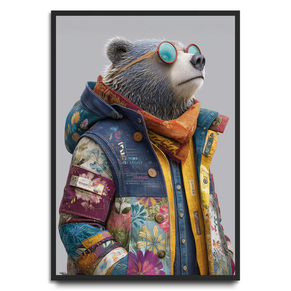 Stylish art print of a bear in a colourful floral jacket and sunglasses.