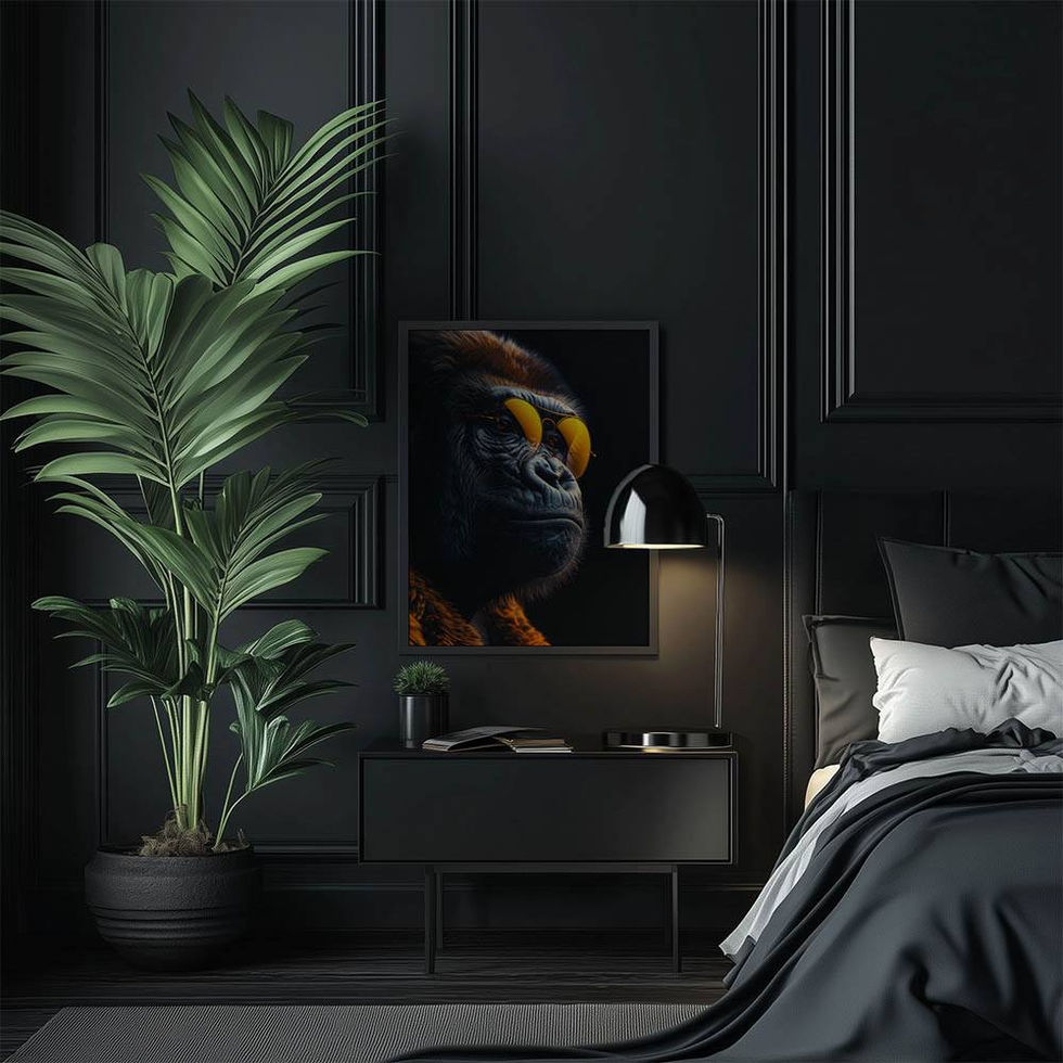 Humorous and stylish gorilla artwork featuring quirky banana shades — bold and unique animal print.