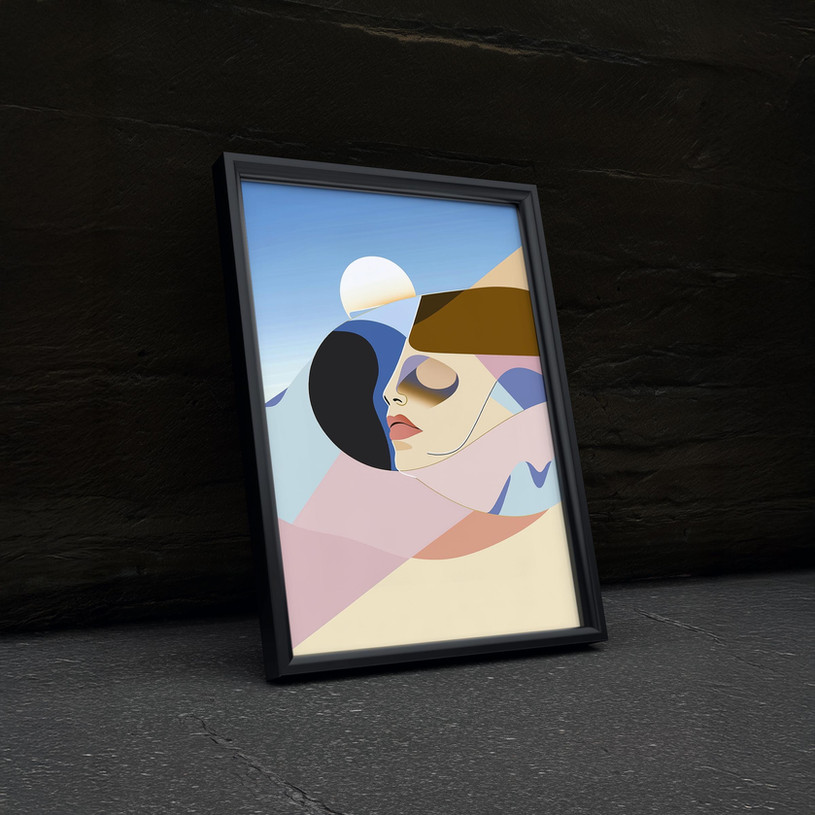 Abstract art print of a woman’s face with geometric shapes, pastel colours, and a rising sun.