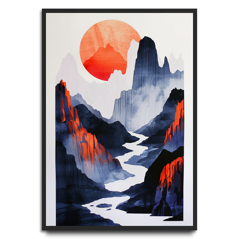 Bold mountain landscape with a winding river and large red sun in the sky