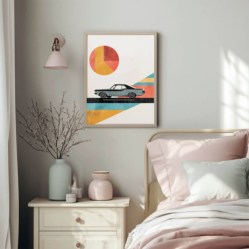 Vintage car with bold geometric shapes in retro orange, red, and teal design.