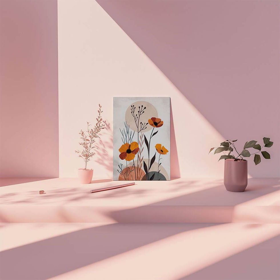 Orange and yellow poppies with abstract circles and minimalist botanical elements.