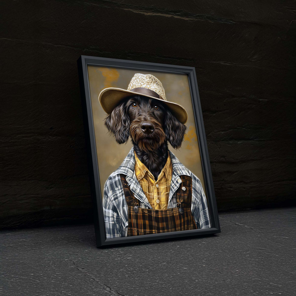 Rustic portrait art print of a cocker spaniel dressed in farmer-style clothing and hat.