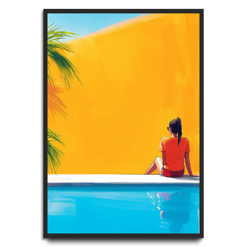 Woman sitting at the edge of a swimming pool, wearing a red top, with a yellow wall and palm tree shadows in the background.