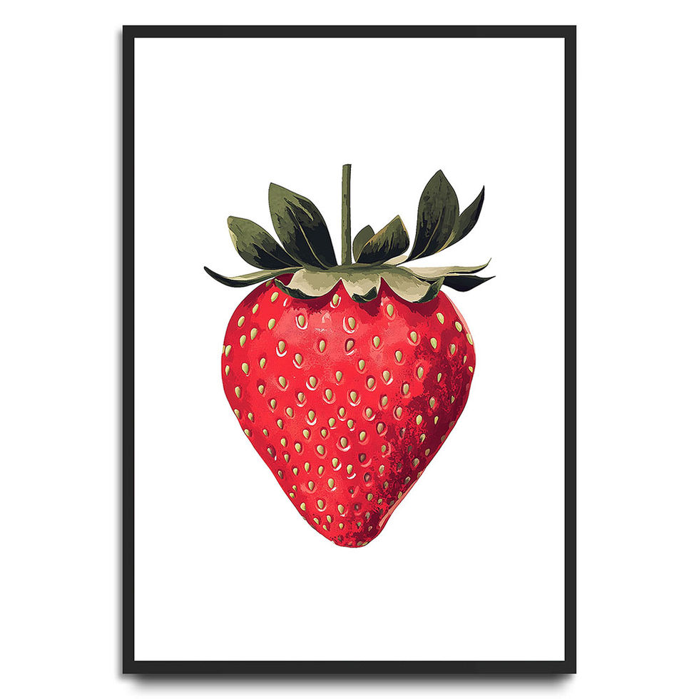 Realistic illustration of a single red strawberry with green leaves on a white background.