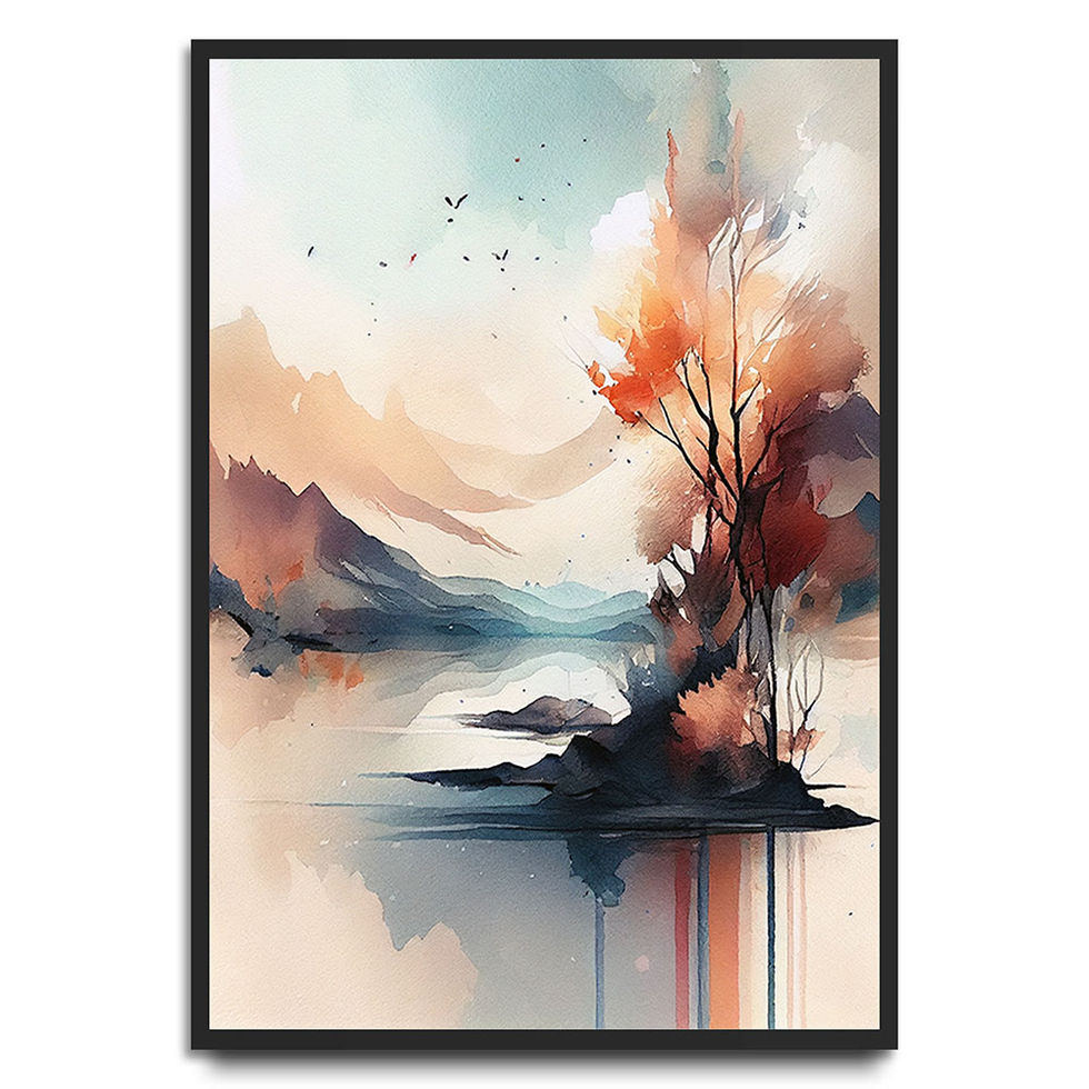 Watercolor landscape with mountains, a reflective lake, and a solitary tree in warm autumn tones.