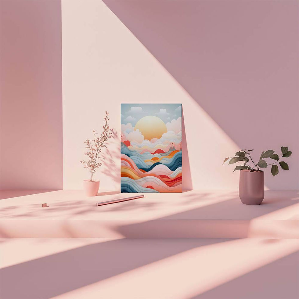 Abstract pastel landscape with stylized waves and a soft yellow sun.