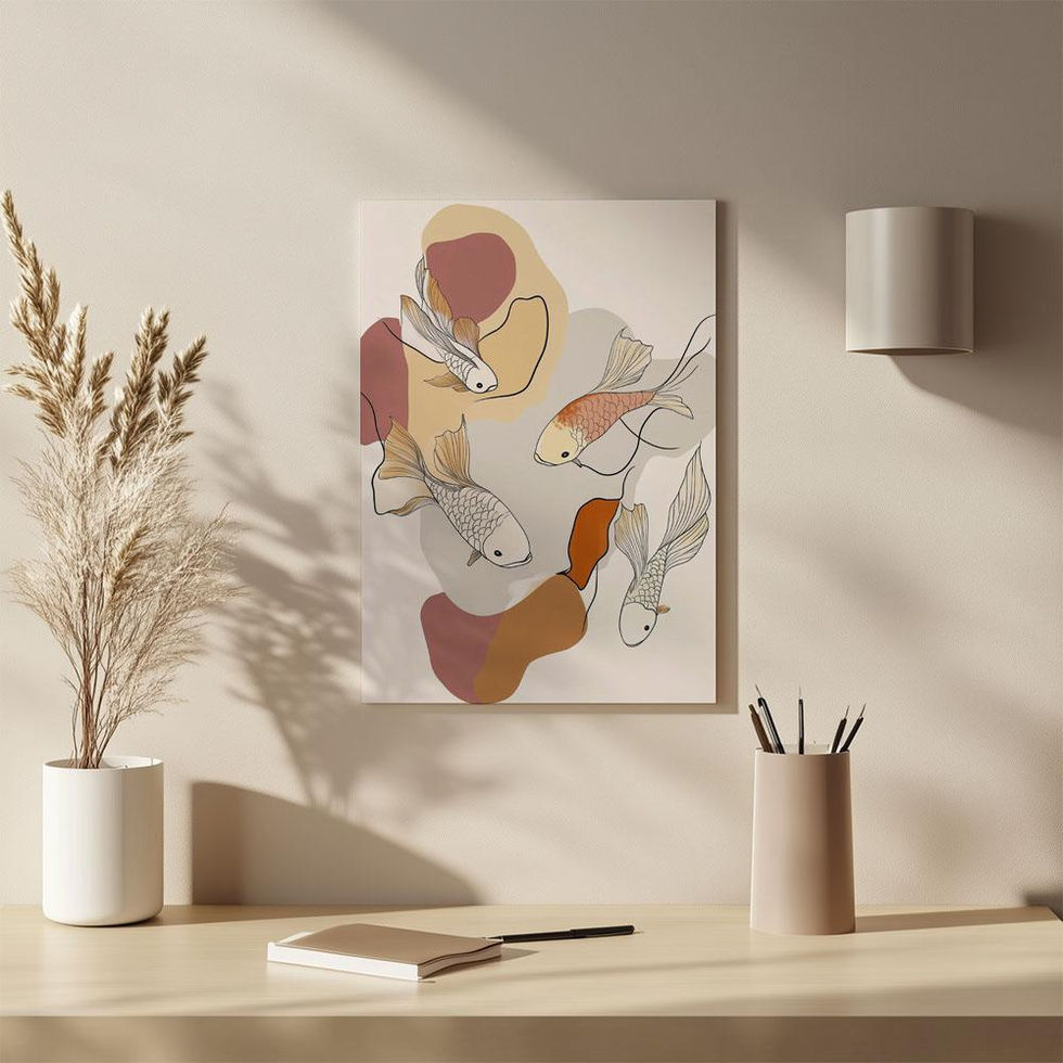 Minimalist koi fish swimming in abstract earthy shapes