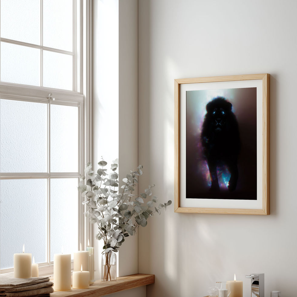 Dark lion art print with glowing eyes and cinematic style. Perfect animal wall art for modern interiors, gaming rooms and sta
