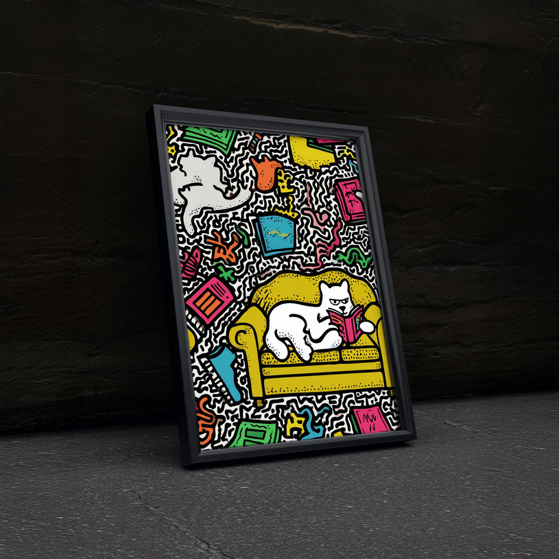 Pop art illustration of a cat lounging on a yellow sofa reading a book, surrounded by bold abstract patterns and colourful sh