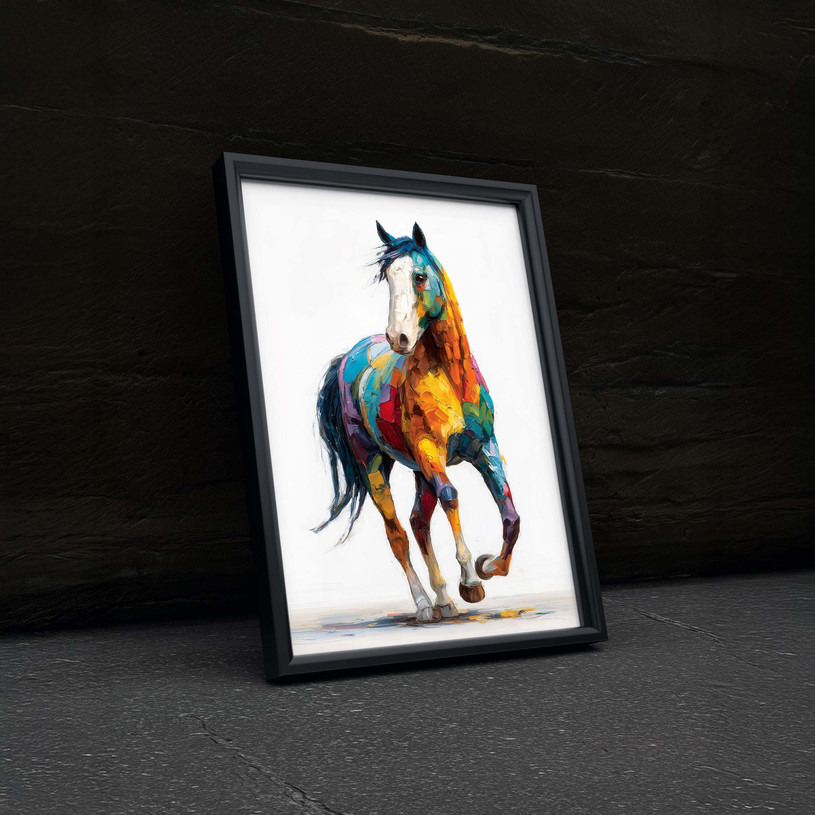 Colourful art print of a horse in motion with expressive brush strokes.