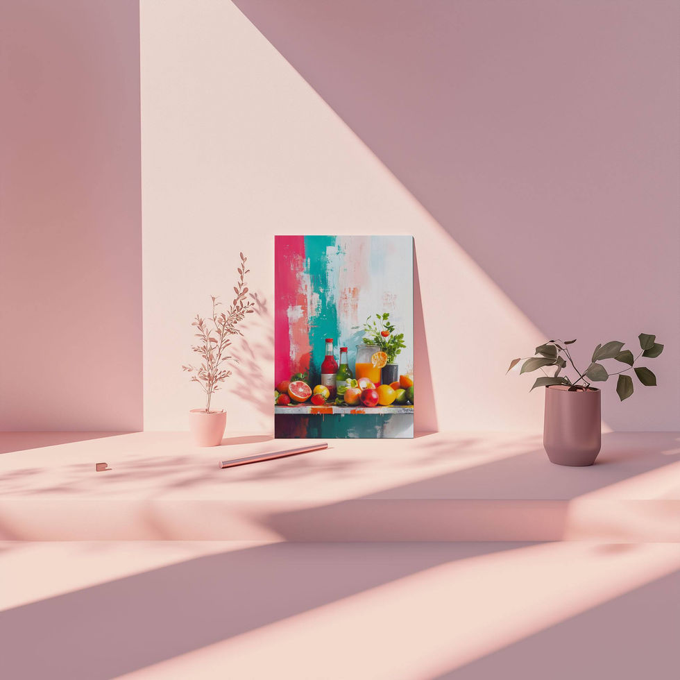 Fruit and drink still life with oranges, bottles, and painted red-teal backdrop.
