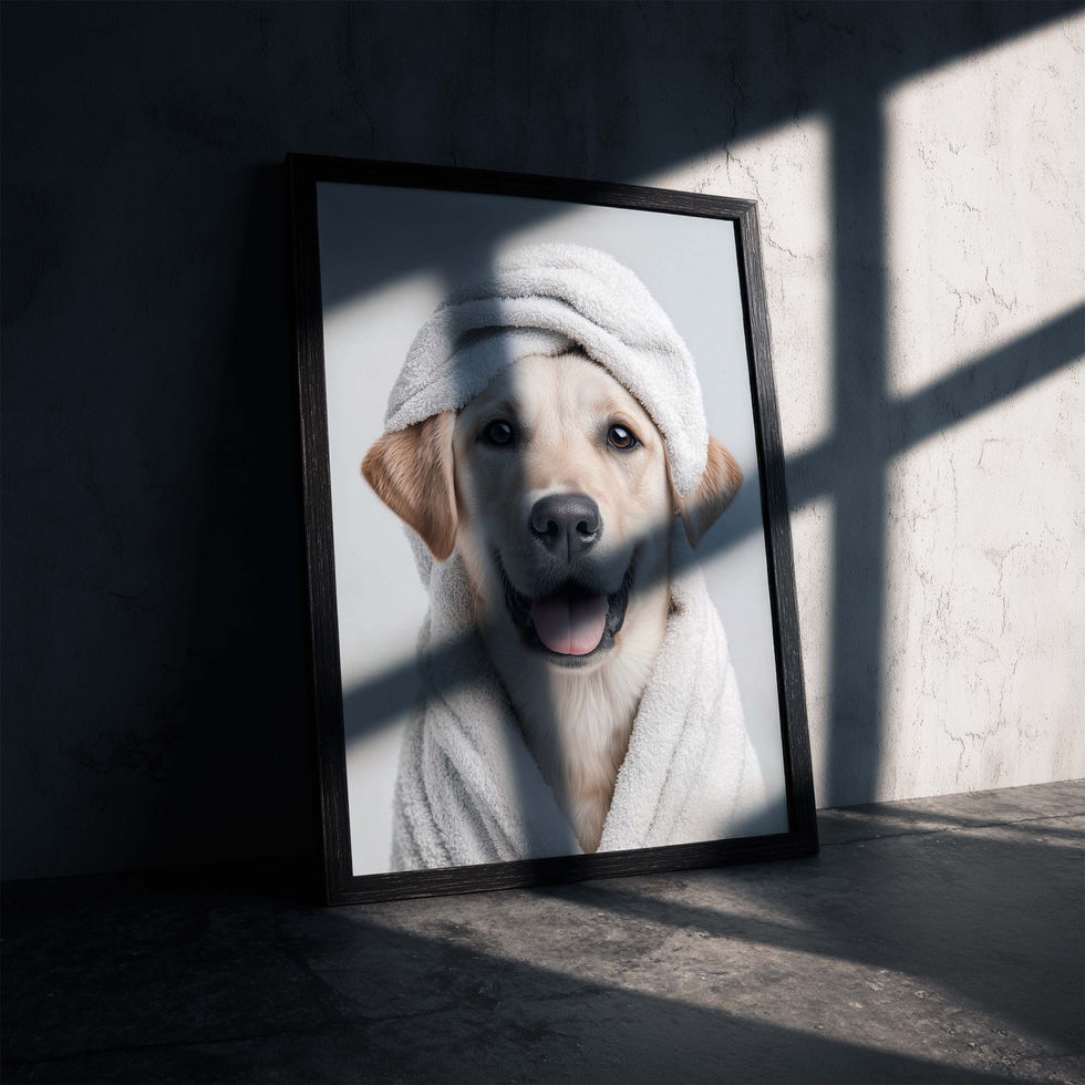 Portrait art print of a golden Labrador wearing a bath towel wrapped around its head.