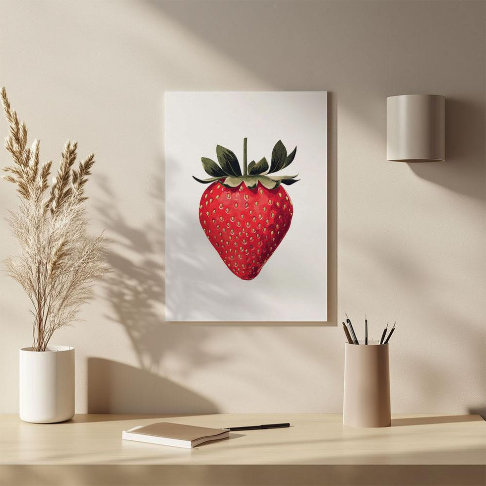 Realistic illustration of a single red strawberry with green leaves on a white background.