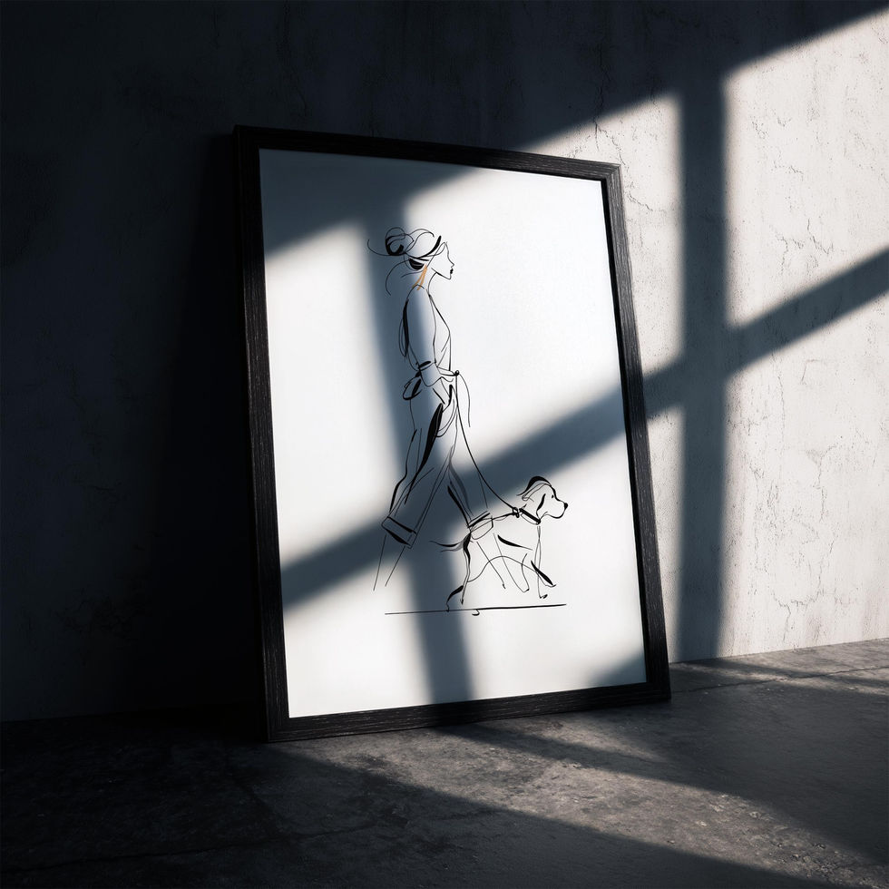 Minimalist line art print of a woman walking her dog in black and white with subtle accents.