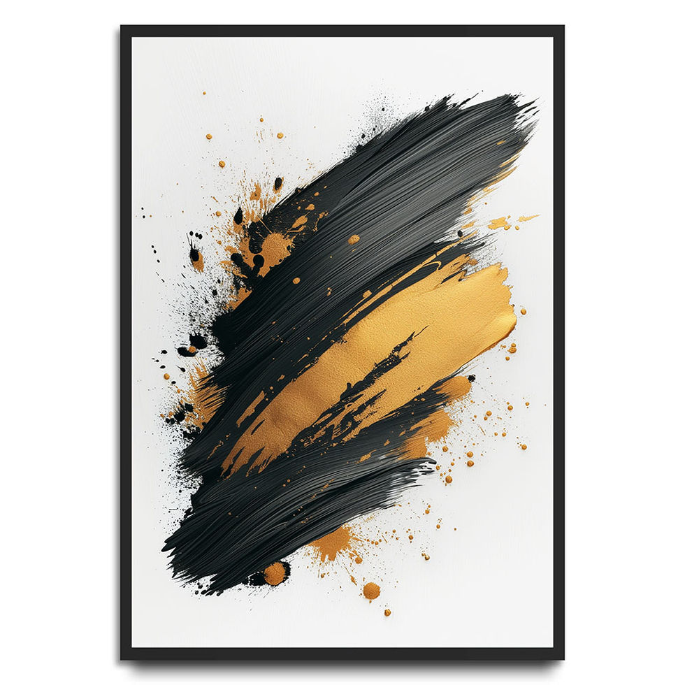 Black and gold abstract brushstrokes with paint splatter effects on a white background – bold modern wall art.