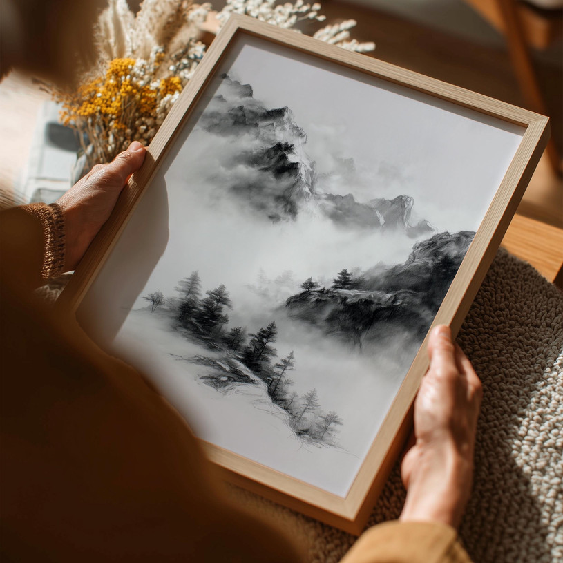 Black and white Japandi-style art print of misty mountains with pine trees.
