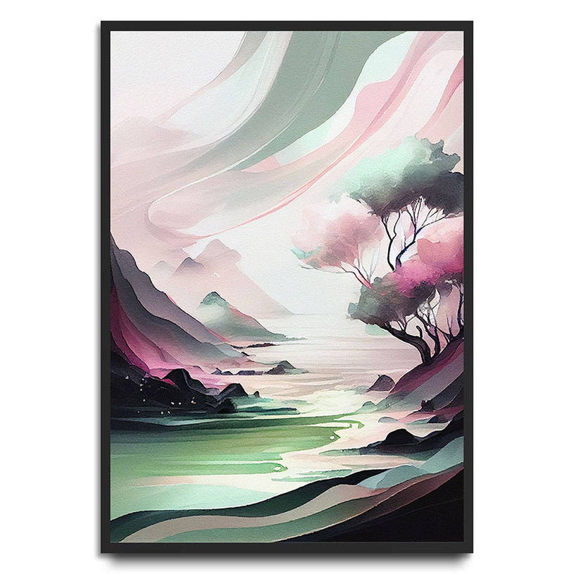 Pastel fantasy landscape with soft pink trees, rolling hills, and a glowing green river under a dreamy sky.