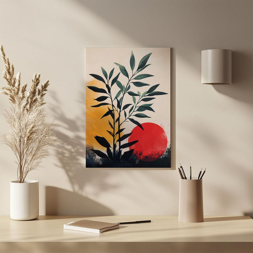 Japanese minimalist botanical artwork with sun shapes and leaves