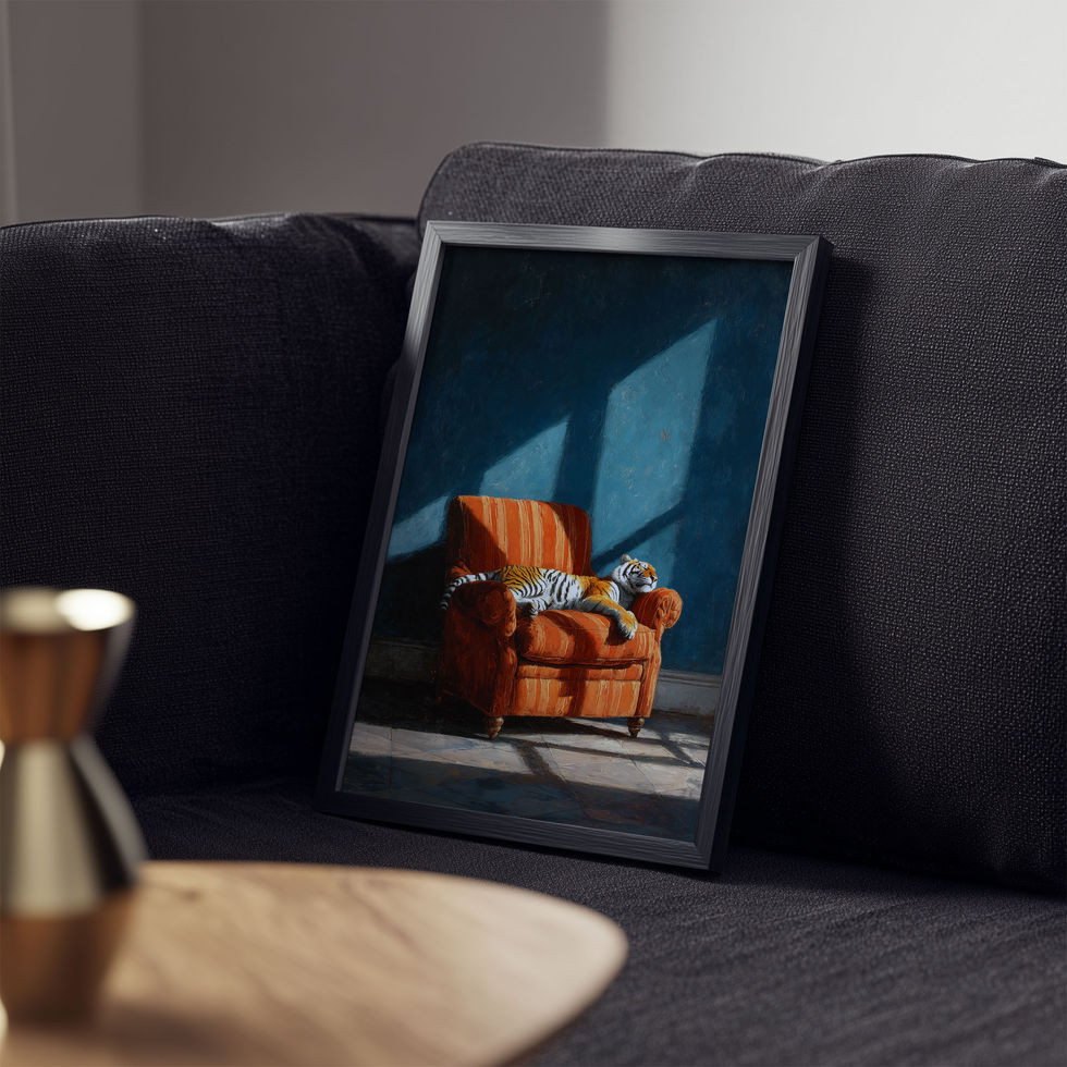 tiger resting on orange armchair with sunlight shadows vintage style animal wall art print