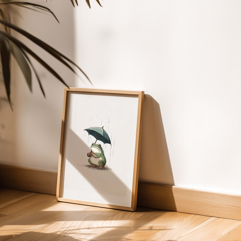 Minimalist frog holding an umbrella in soft neutral tones, whimsical art print