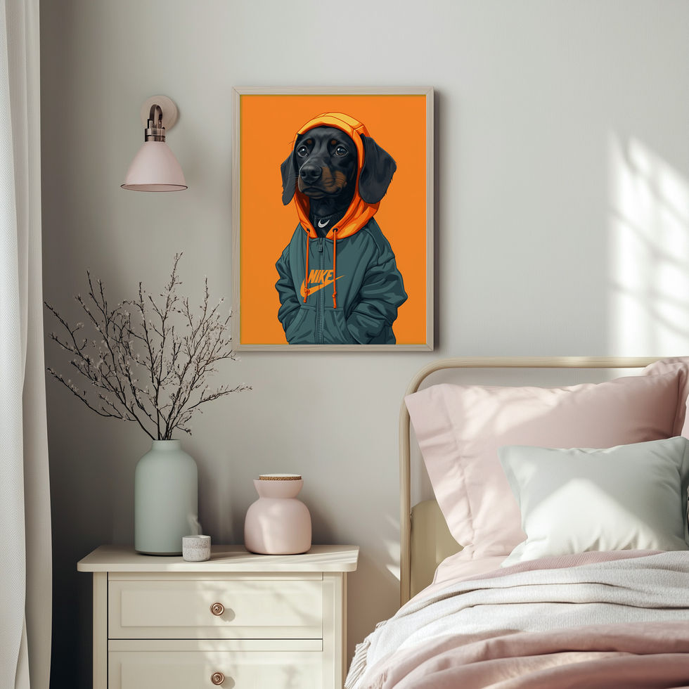 Dachshund wearing an orange hoodie and green Nike jacket on bold orange background, minimalist streetwear art print.