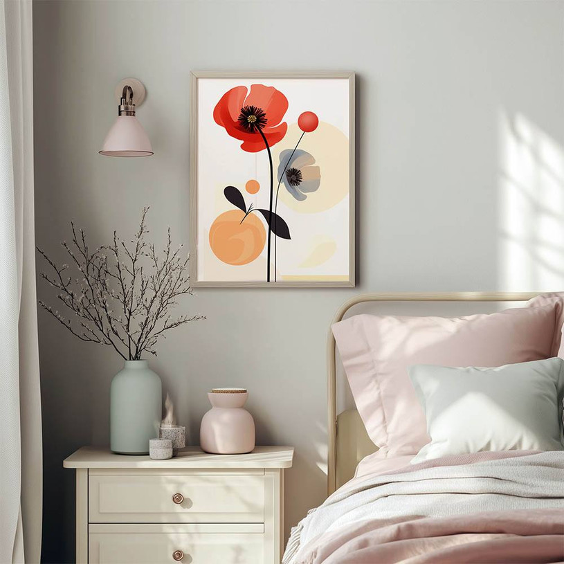 Abstract floral illustration with red, grey, and orange flowers over soft circular shapes on a cream background.