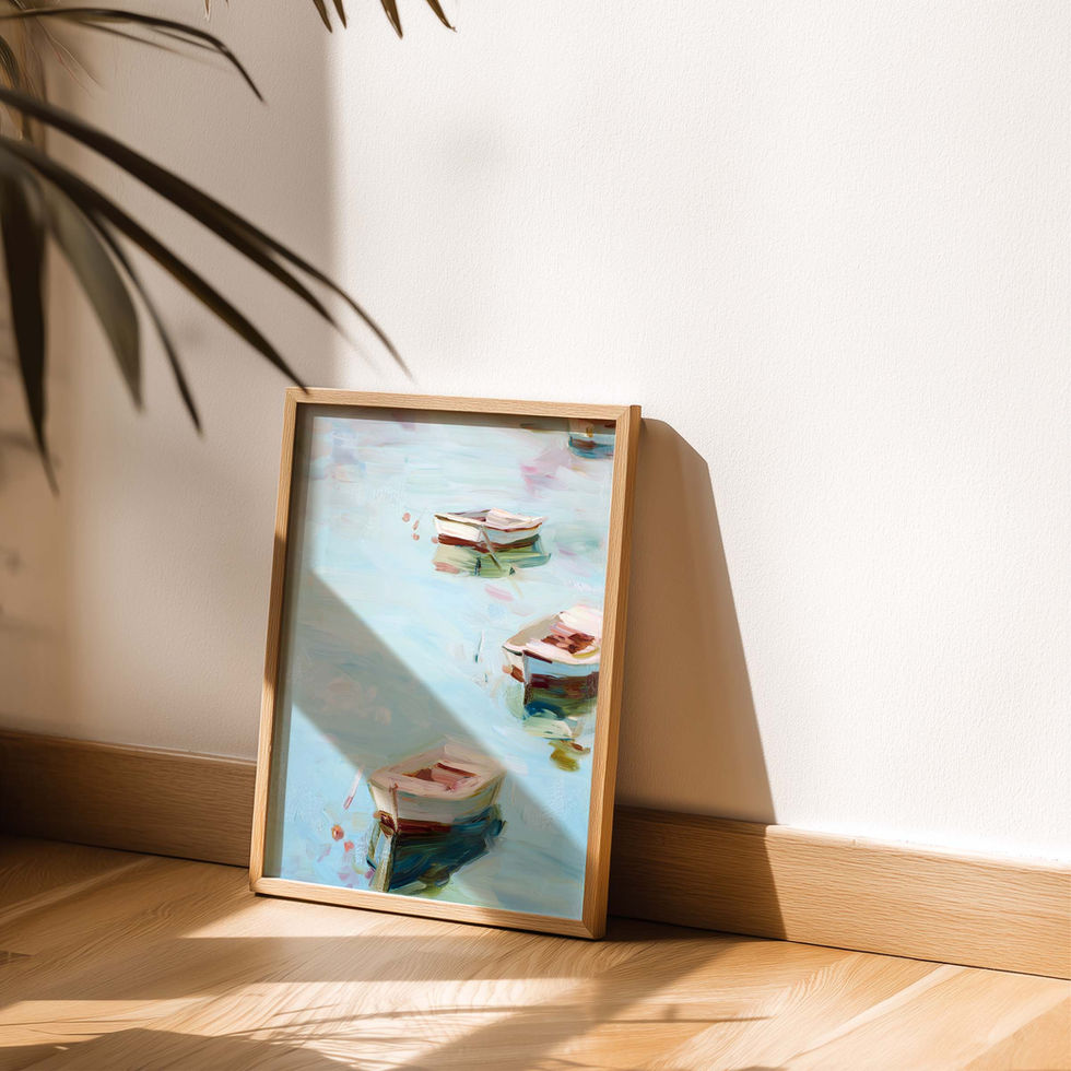 Watercolour art print of three small boats floating on soft blue water.