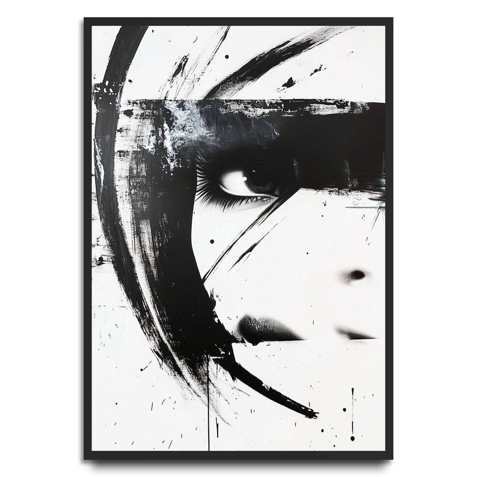 Abstract black and white artwork featuring a partially visible face with bold brush strokes